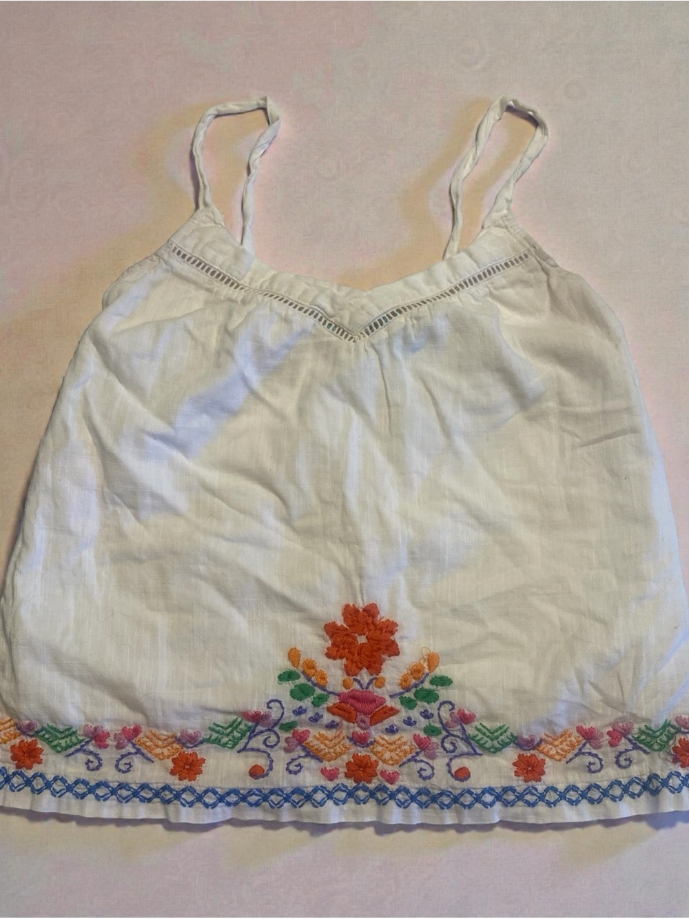 Hang Ten White Cotton Embroidered Cami with Multicolor Floral Hem